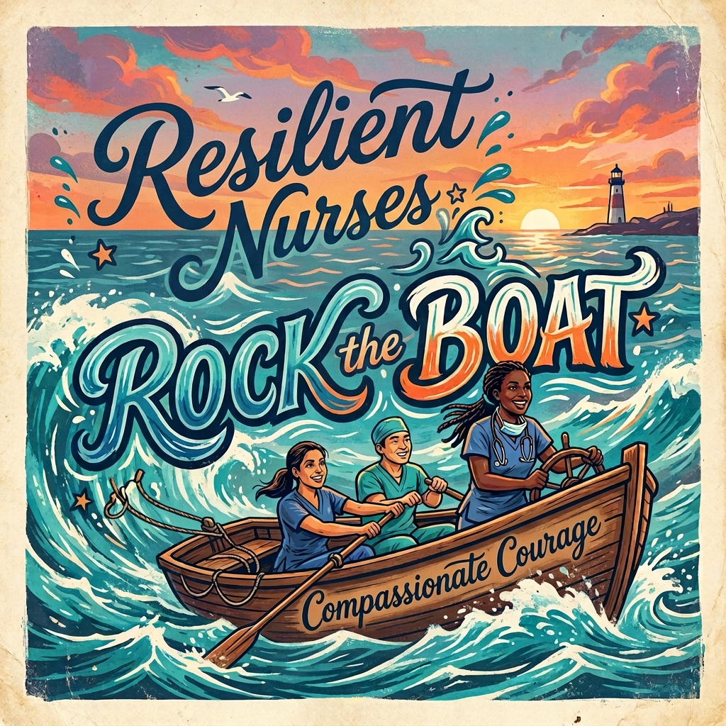 Empowering nurses navigating challenges Three nurses in scrubs rowing a boat through rough ocean waves with a lighthouse in the background